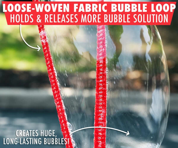The special design of the fabric loop is part of the secret to creating longer bubbles.