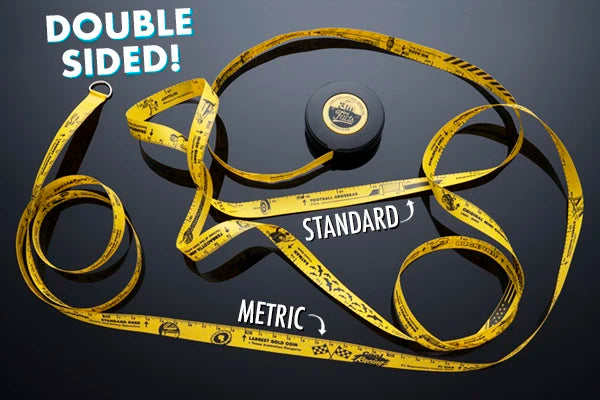 One side of the tape measures in metric, and the reverse uses American freedom units.