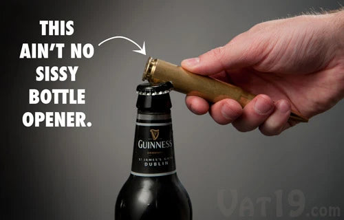Use the massively powerful .50 Caliber Bottle Opener to open your beers with authority.