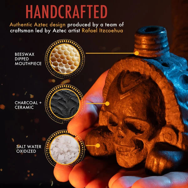 Each Aztec Death Whistle is painstakingly hand-crafted by a team of artisans led by Aztec artist Rafael Itzcoehua.