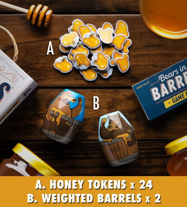 Game contents include (24) honey tokens and (2) weighted barrels.