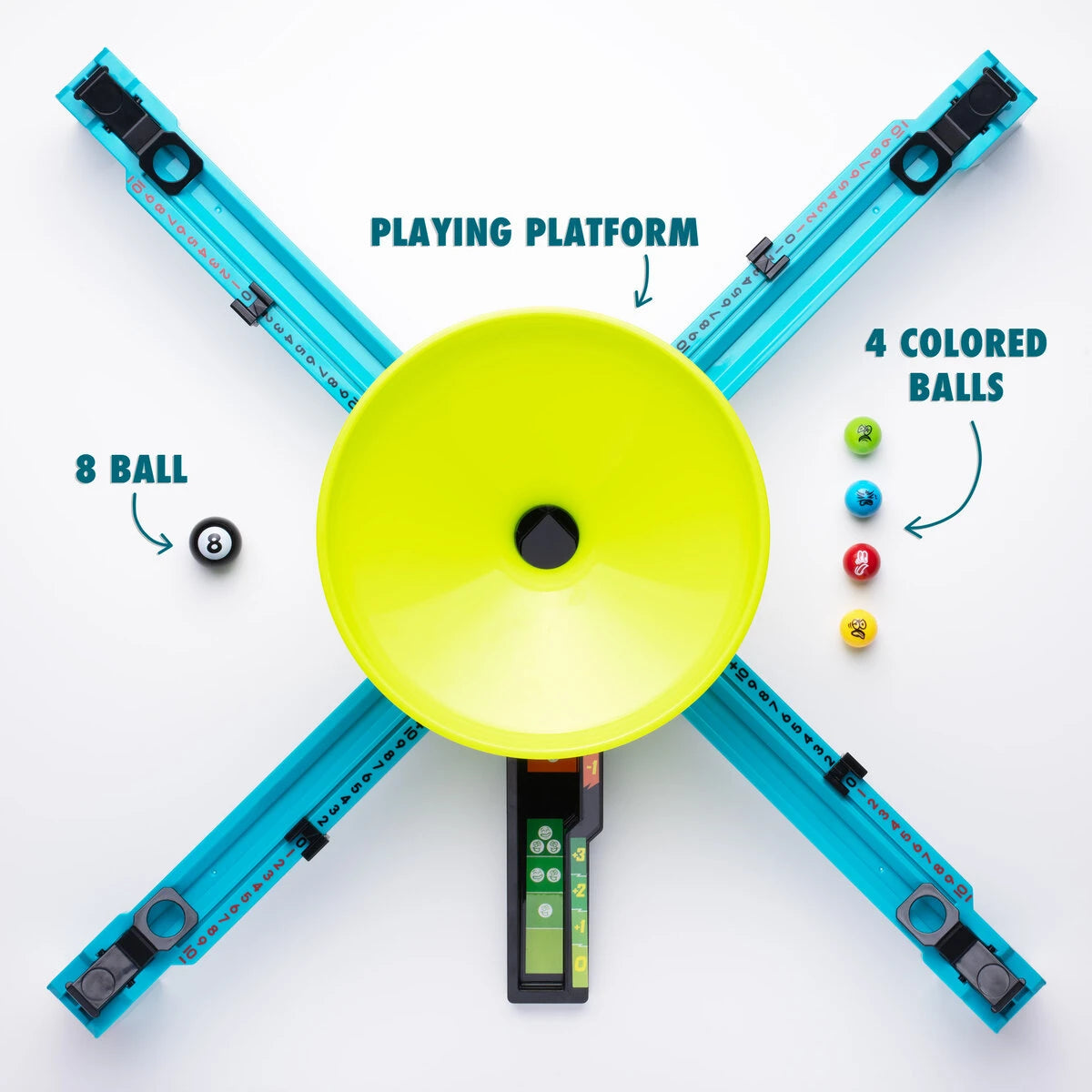 Includes: 1 playing platform (1 funnel, 4 launching ramps, 1 scoring shute), 1 8-ball, 4 colored balls.