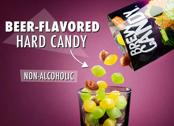 Beer-flavored hard candy falling into a glass.