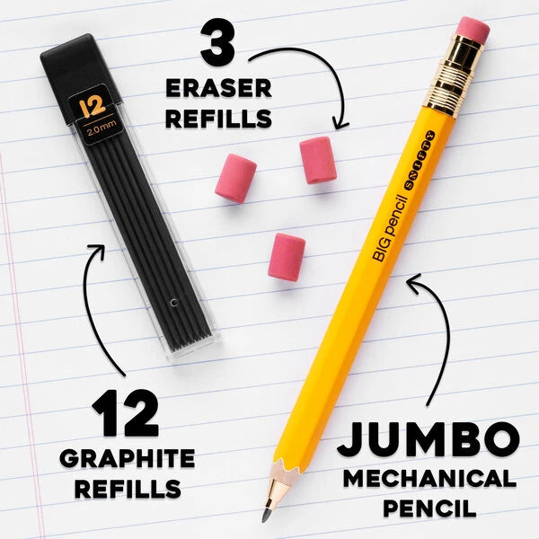 In addition to 12 lead refills, the Big Mechanical Pencil comes with three full-size eraser refills.