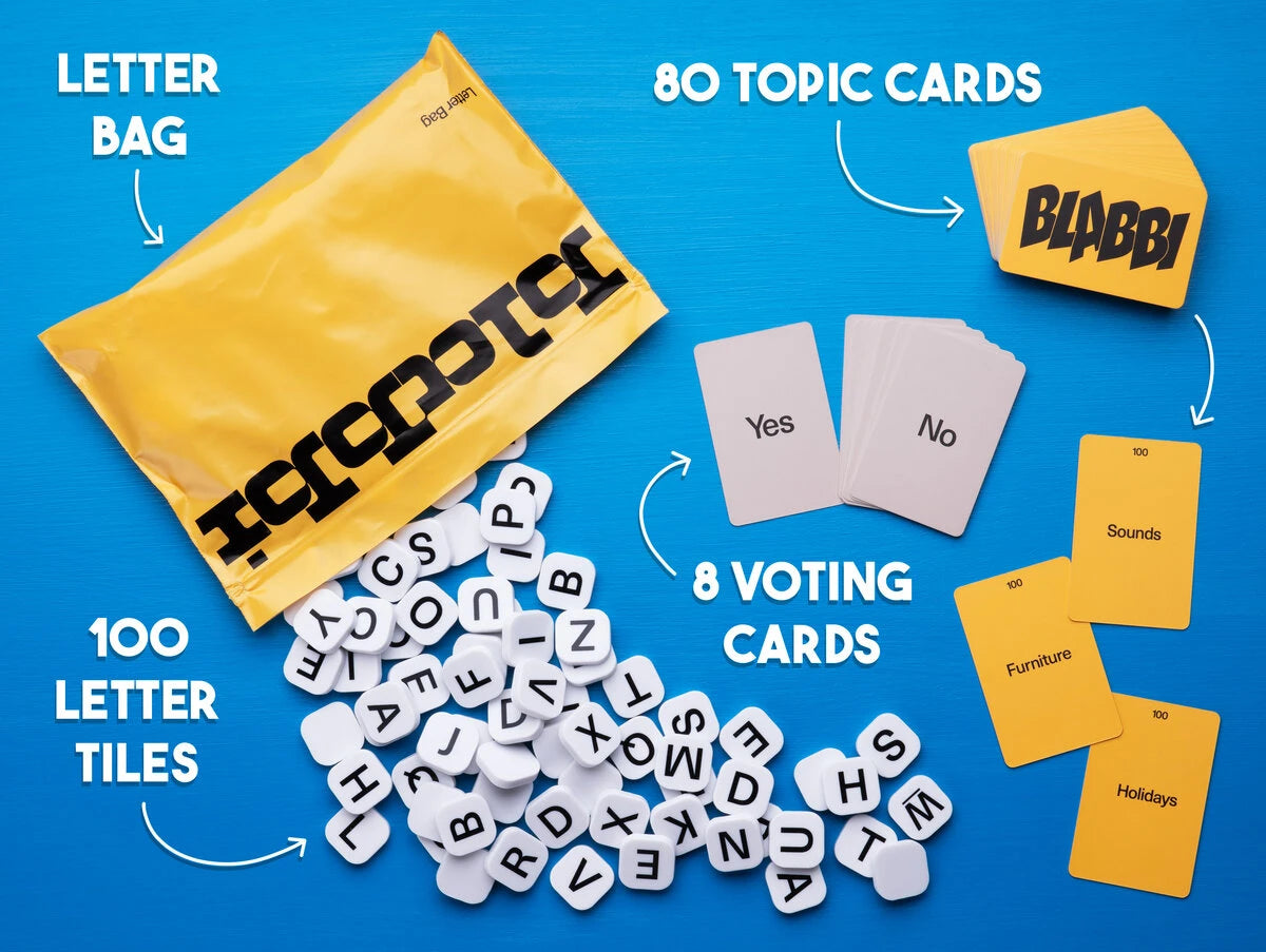 Contents: 100 letter tiles, 80 topic cards, 8 voting cards