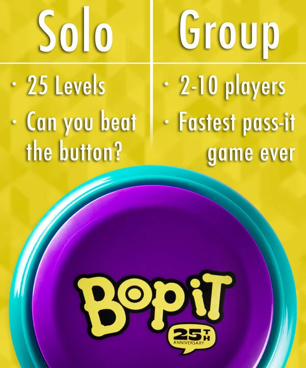 The Bop It Button can be played solo or with a group (2-10 players).