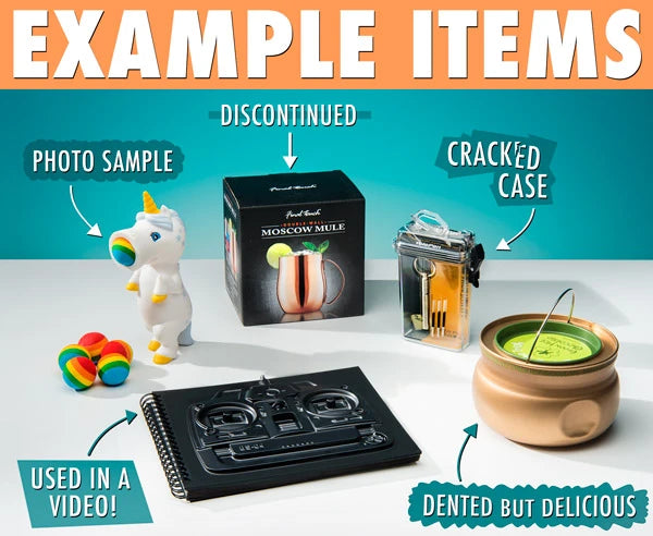 Example items: cracked case, dented but delicious, discontinued, photo sample, used in a video