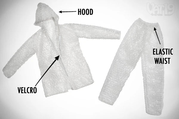 The Air Bubble Suit features a hooded jacket with a velcro closure and pants with an elastic waist.