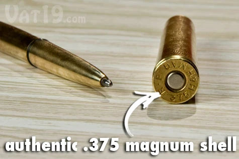 This ain't your Momma's pen. It's the Bullet Pen and it's made from a .375 caliber H&H magnum shell.