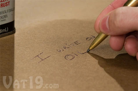 Fisher pens write on oil, grease, upside down, and even in space.