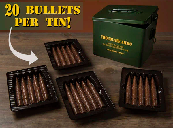 Your edible ammo is packed in a military-style tin with 20 bullets.