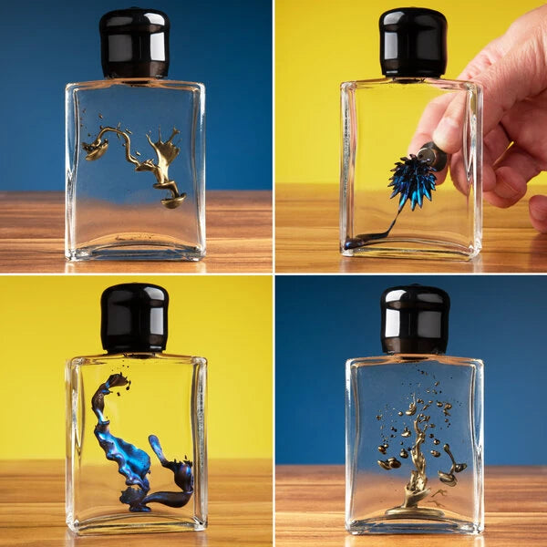 Suspended in a transparent solution, ferrofluid can be pulled, spiked, twirled, tossed, dropped, bridged, and even made to dance.