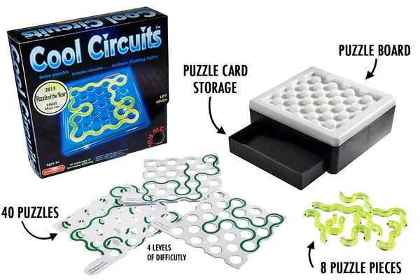 Cool Circuits includes 8 puzzle pieces, twenty double-sided puzzle cards, and a puzzle board with built-in card storage.
