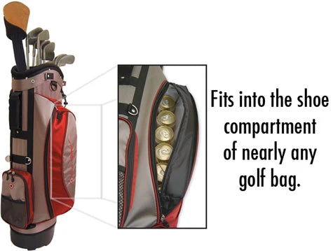 The Covert Cooler fits inside the shoe compartment of nearly any standard size golf bag.