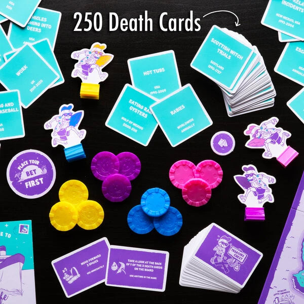 Includes: 1 board, 250 death cards, 25 treasure chest cards, 4 characters, 12 coconut chips, 2 tokens, 1 instructions sheet, story book.