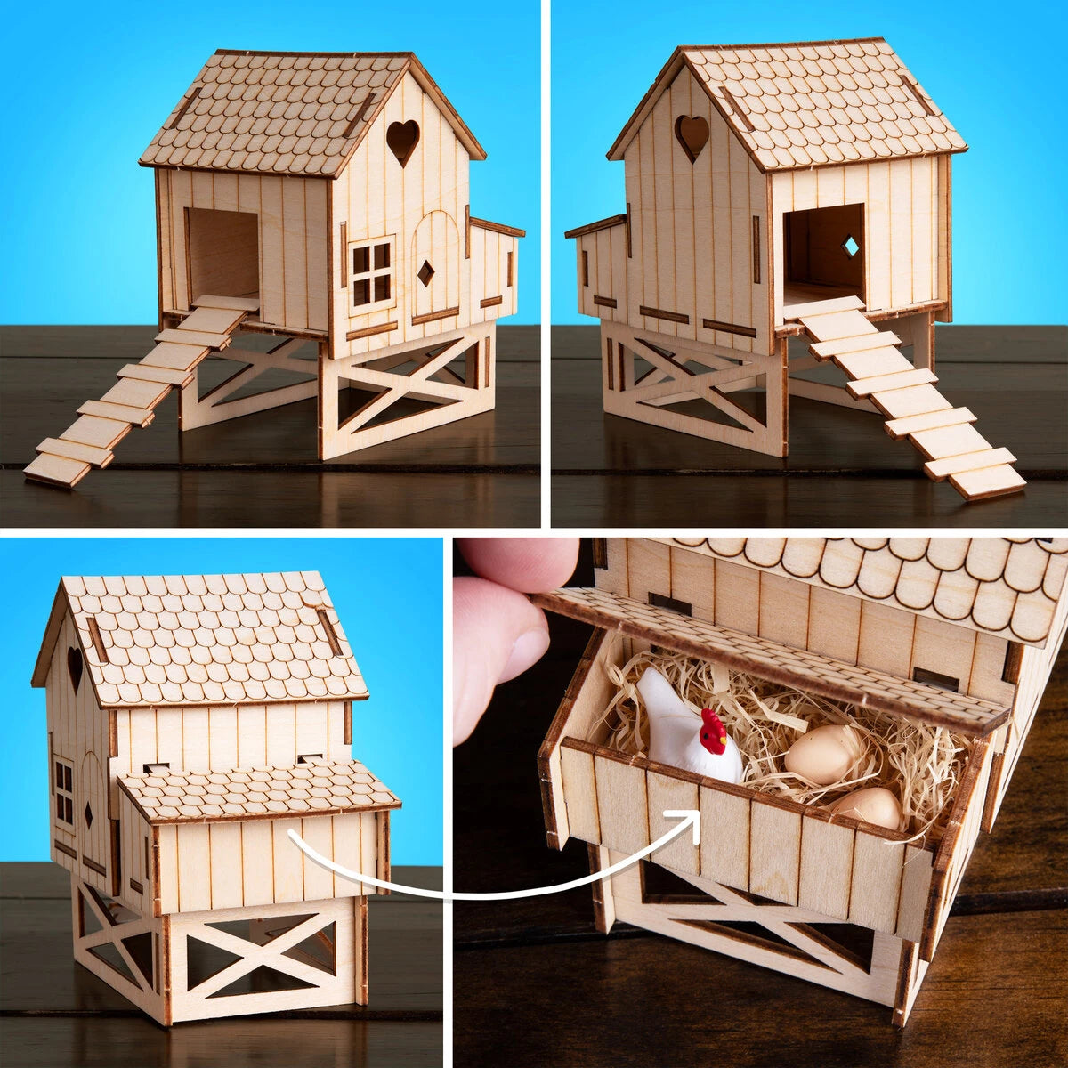 The 15 pre-cut pieces of this DIY kit effortlessly slide together, providing you with a glue-free miniature chicken coop in under ten minutes.