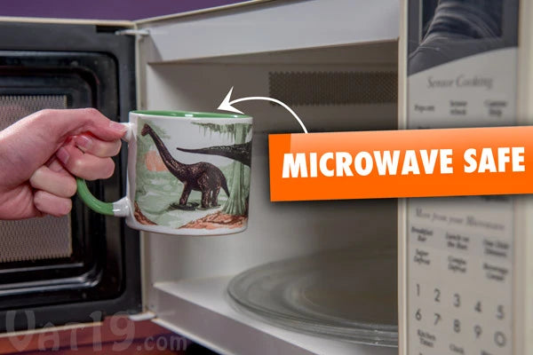 The heat-sensitive Disappearing Dinosaur Mug is microwave safe.