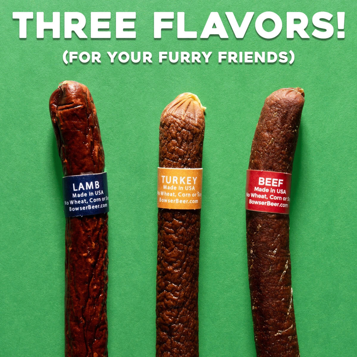 Each pack of six Doggie Cigars features three different flavors (2 beef, 2 turkey, and 2 lamb).