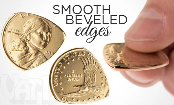 The smooth, hand-polished edges of the Dollar Coin Guitar Pick help prevent weathering of your strings.