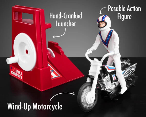 Includes: wind-up motorcycle, posable action figure, and hand-cranked launcher.