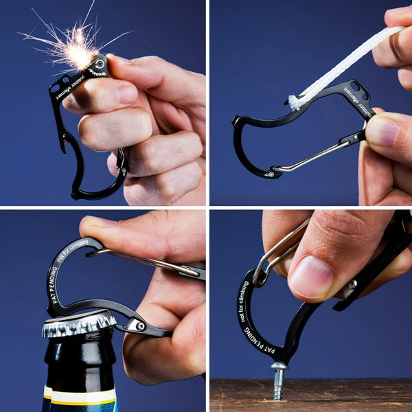 Four built-in tools (spark wheel, safety utility blade, flathead screwdriver tip, and bottle opener).