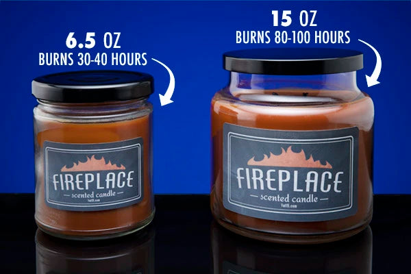 The Fireplace Scented Jar Candle is available in two sizes: 6.5 oz and 15 oz.