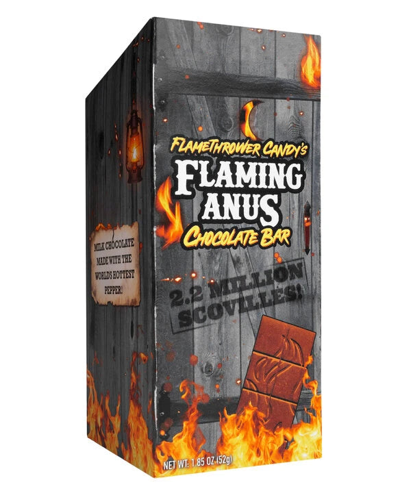 The Flaming Anus Chocolate Bar comes packaged in a cardboard box styled like an outhouse.