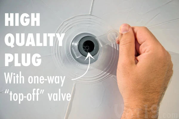 With a 1.5" diameter plug and a one-way top-off valve, inflation is a breeze.