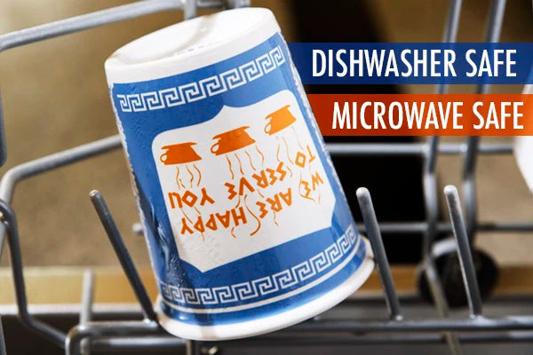 The Ceramic Greek Coffee Cup is dishwasher and microwave safe.