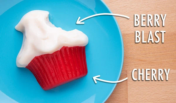 Each gummy cupcake features two delicious flavors.