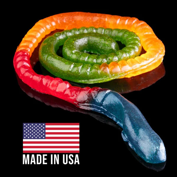 The Gummy Fireworm is made by hand in the USA.