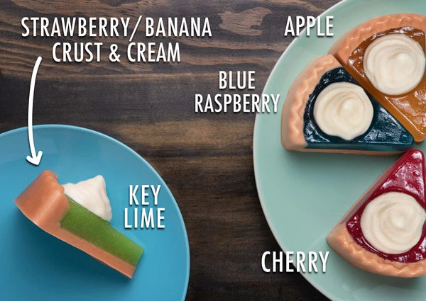 The Gummy Pie Slice features a strawberry/banana crust and a dollop of whip cream atop the pie "filling" of your choice.