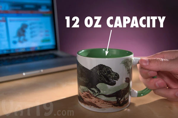 The Disappearing Dinosaur Mug holds 12 ounces (355 mL) of liquid.