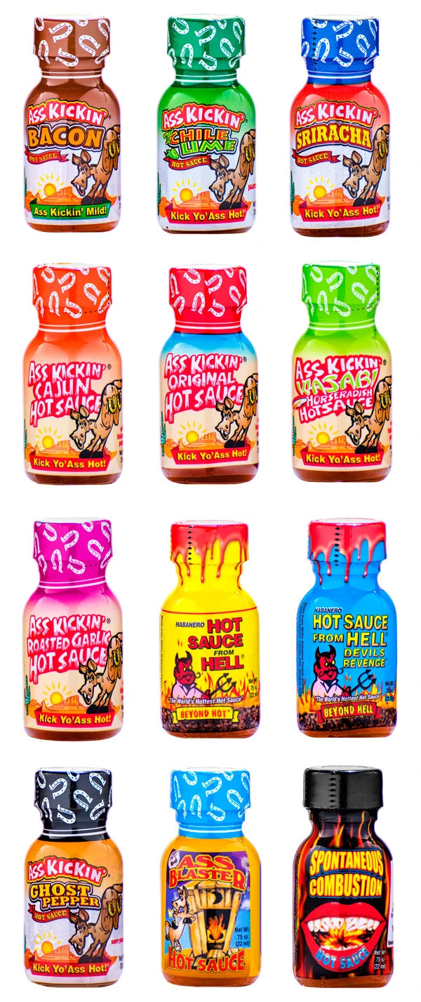 12 bottles of hot sauce of varying spice and flavor.
