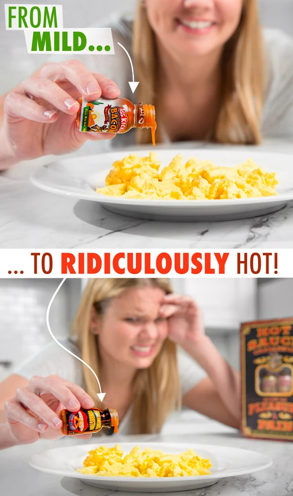 The set includes 12 sample-sized bottles of hot sauce, ranging from the mild Ass Kickin’ Bacon to the fiery Spontaneous Combustion.