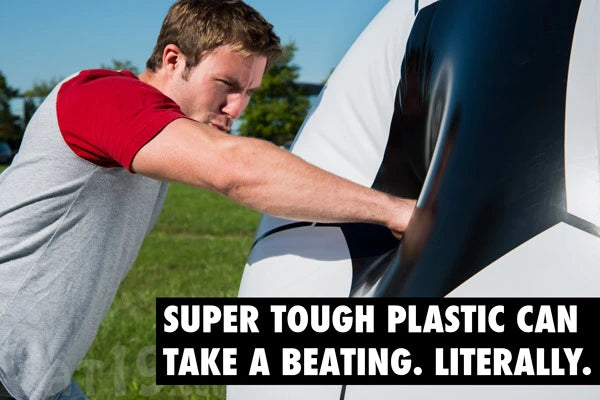 The thick plastic of the Giant Inflatable Soccer Ball lovingly takes your abuse.