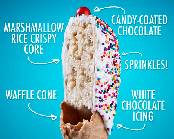 A crispy rice confection, covered in icing and rainbow sprinkles, sitting in a waffle cone, with a red candy coated chocolate ball on top.