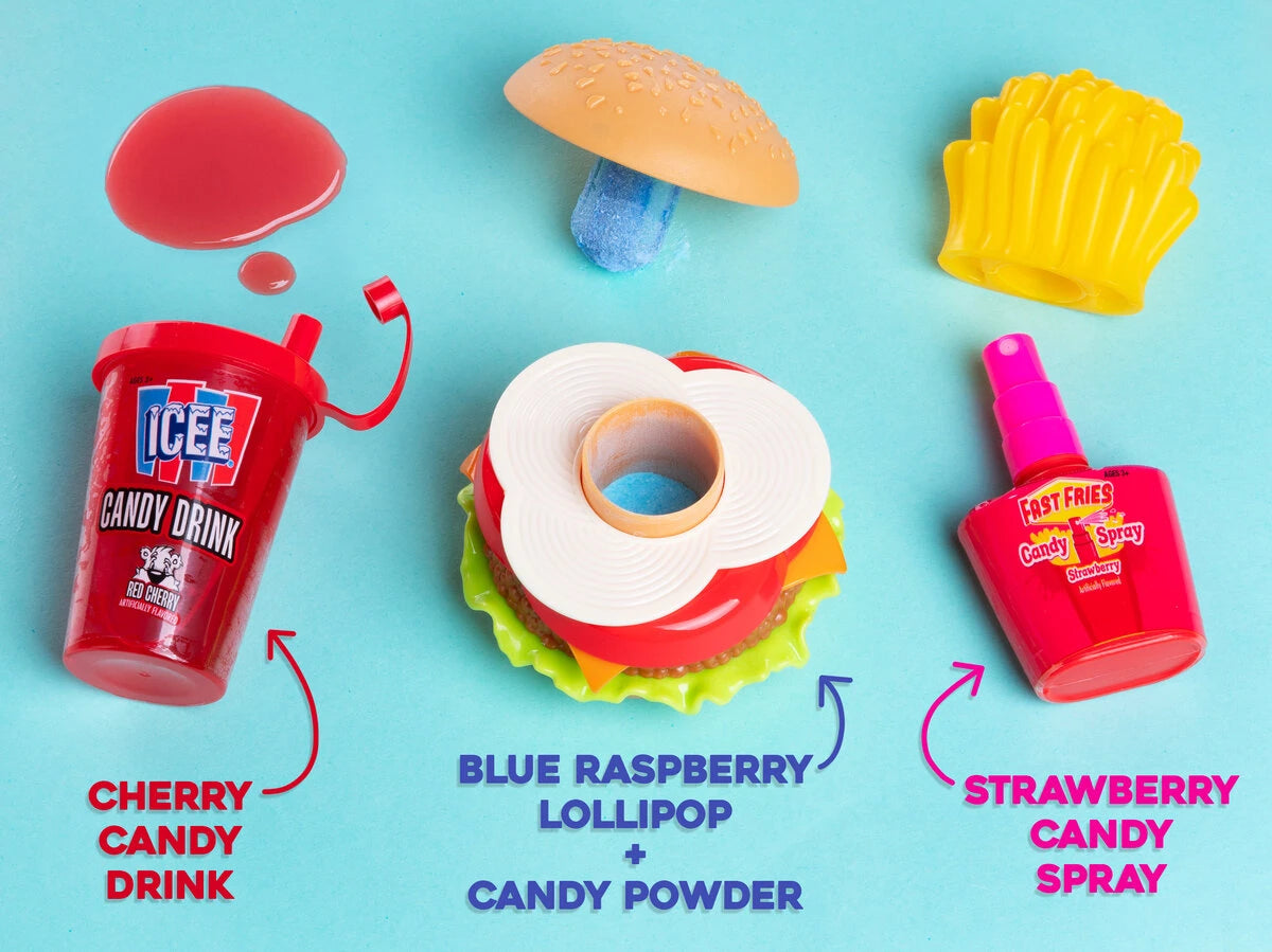 Each set includes three delicious candies: a cherry flavored gel drink, a blue raspberry lollipop dipper with candy powder, and a strawberry flavored candy spray.