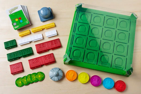 Includes game grid with transparent lid, 60 challenge cards, 6 magnetic tokens, 9 walls, and 5 crop circles.