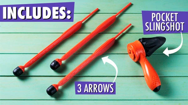 The set includes a slingshot with pouch and 3 whistling arrows