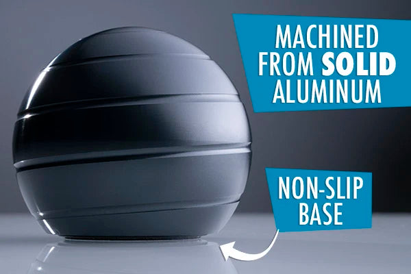 The high-quality Kinetic Spinning ball is machined from solid aluminum with a non-slip base and includes a carrying case.