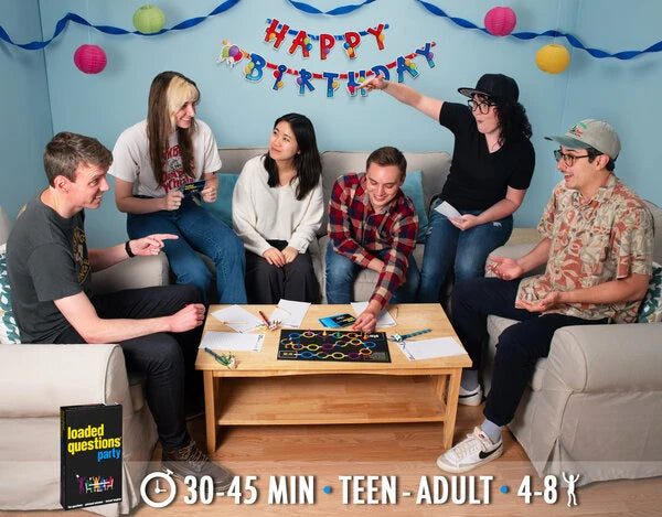 Loaded Questions: Party Edition is designed for ages teen-adult and 4-8 players.