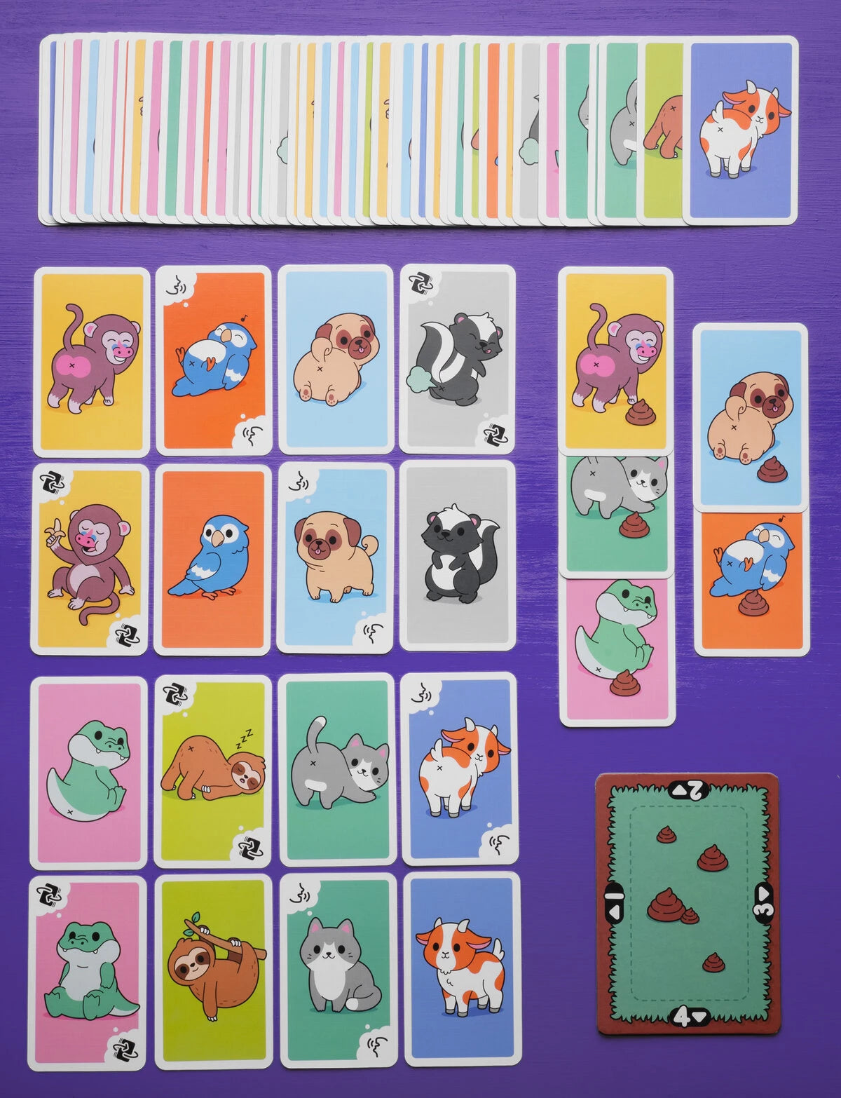Contains: 64 game cards, (48 animal cards, 8 poop cards, 4 flip cards, 4 shout cards) a poop patch board, and an instruction booklet