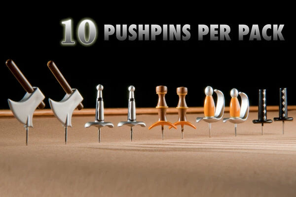 Each set of Medieval Weapons Pushpins includes a total of ten thumbtacks (two each of five different swords and axes).