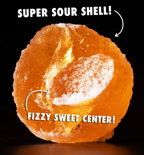 A fizzy sweet center is surrounded by a ridiculously sour outer shell.