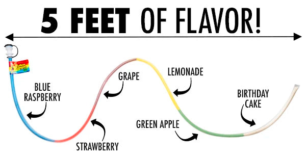 Includes six flavors: blue raspberry, birthday cake, grape, green apple, lemonade, and strawberry.