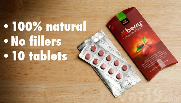 Each set of Mberry Tablets includes 10 all-natural miracle berry fruit tablets.
