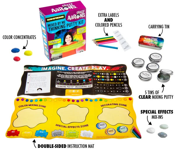The Mixed By Me Putty Kit includes putty, pencils, tins, color concentrates, effects, labels, and a guide mat.