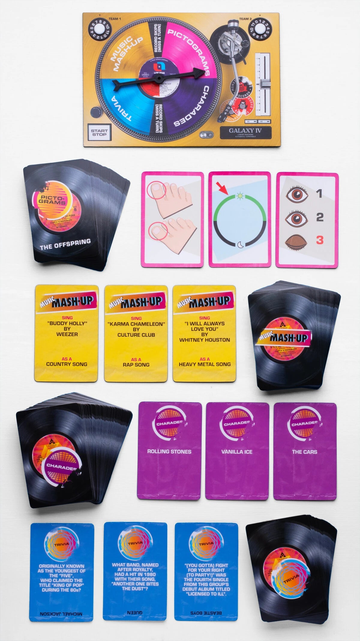 Includes: 200 cards (50 charade cards, 50 music mashup cards, 50 trivia cards, 50 pictogram cards), 1 spinner