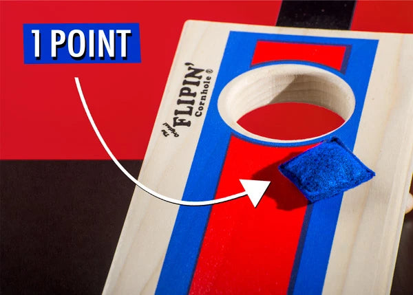 Simple rules for hours of fun: flip on the board for 1 point and in the hole for 3 points; first to 21 wins!